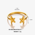 Minimalist 18K gold plated stainless steel open ring with double flower design - Flower Open Ring / Gold