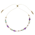 Bracelet tissé ajustable avec perles de pierre facettées multicolores et détails dorés - Cordon Beige - Violet Vert Blanc Facetté