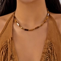 Vintage necklace featuring gold beads and rectangular tiger eye stones on neck - Retro Tiger Eye Rectangular Beaded Necklace