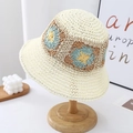 Cream-colored handmade crochet bucket hat with floral knit patterns for summer - One Size / Milky White