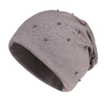 Brown knitted beanie with silver pearl embellishments shown from a 45-degree angle - L (58-60cm) / Khaki