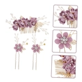 Bridal hair accessory set featuring purple fabric flowers and golden metal leaves - Set 6 (3pcs) / Purple
