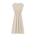 Robe longue beige sans manches à col en V avec taille élastique plissée taille S - XS / Khaki