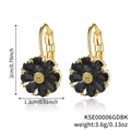 Fashion flower earrings in gold finish with black teardrop gems and sizing data - Gold Black Clover