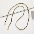 Detail of gold metal chain woven with dark green leather and swivel lobster clasps - Green