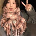 Pink and orange plaid scarf with soft fringe detail, stylish thick winter pashmina wrap - Sugar Bean Pink