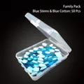 Detailed view of 50 double-sided blue sponge eye shadow sticks in a clear storage box - 6.5cm Blue Handle Blue Sponge - 50 Pcs Box
