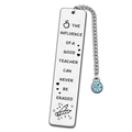 Close-up of stainless steel teacher bookmark with engraved quote and blue rhinestone charm - A24-Blue Rhinestone Influence