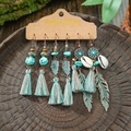 Bohemian jewelry set with turquoise tassels and leaf charms on a fashion display card - Feather Shell Tassel Turquoise Style (HQEF-1576)