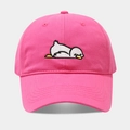 Close-up of cute white cartoon duck embroidery on a bright pink cotton baseball cap - Adjustable / Rose Red