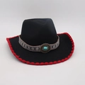Black wool felt cowboy hat with red trim and ethnic band featuring a turquoise stone - One Size / Black Red Edge (Oval Blue Stone)