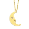 Detail of a hollow crescent moon face pendant on a golden link chain with retro design - Smiling Moon / Gold