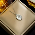 Silver necklace with oval shell pendant featuring a rose design and pearl border - 8969 Steel Color Pearl Rose