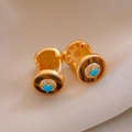 Gold earrings with green turquoise and tiger eye stones in a vintage geometric design - 38# Ear Buckle - Gold - Brown (Real Gold Plated)
