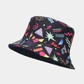 Detailed view of black reversible bucket hat with colorful geometric Memphis style patterns - M (56-58cm) / Geometric Triangle Wave