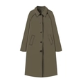 Detail of army green trench coat featuring a classic lapel and single-breasted button closure - S / Army Green