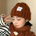 Caramel knitted beanie hat and scarf set for winter fashion with woven texture - Cable Knit Coffee