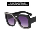 Gafas de sol cuadradas oversize negras con doble fila de pedrería y cristales degradados - Negro Brillante / Degradado Gris