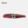 Slim red genuine leather belt for women featuring a square buckle with sparkling rhinestones - Red
