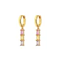 Gold-plated hoop earrings featuring three vertical pastel pink yellow and purple crystals - Long Rainbow Zirconia Gold Style (F1022)