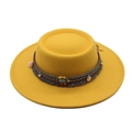 Detail of yellow flat-top wide brim hat with bohemian beaded band and coin pendant - M (56-58cm) / Yellow