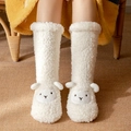 Cosy white coral fleece floor socks with cute alpaca embroidery for home comfort - One Size / White Lamb