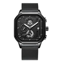 Sleek black square men's watch with metal mesh strap and multi-dial quartz movement - 628 Black Case Silver Marker Mesh Band (Functional Chronograph)