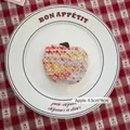 Handmade crochet apple pendant in red, yellow, and blue yarn, size 6.5x8cm decor - Apple-02