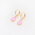 Pink evil eye teardrop earrings in golden metal finish with enamel detail for women - Waterdrop Style / Pink