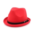 Detail of red wool fedora hat featuring a black leather band and silver metal buckle - M(56-59CM) / Red