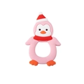 Pink penguin baby silicone teether with red Christmas hat for small hands to grasp - Penguin Teether / Pink