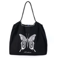 Bolso tote grande de nailon negro con bordado de mariposa blanca y asas de cuerda - Paisley Mariposa Negro