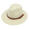 Detail of cream woven straw fedora featuring a brown leather band and gold buckle - Light Yellow