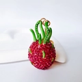 Sparkling pink rhinestone dragon fruit keychain with green enamel details and gold clasp - Fruit