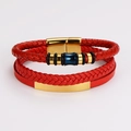 Detail of red multilayer woven leather bracelet with golden magnetic clasp and blue accents - Gold Magnetic Buckle Blue Gradient Accent (Style 3)