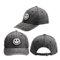 Detailed views of dark grey washed denim baseball cap with smiley face embroidery - Adult Size (56-58cm) / Black