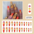 Long almond press-on nails with orange pink gradient and gold glitter textures - LF370 Orange Yellow Pink Gradient Glitter