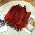 Macro shot of deep red goose feathers on beige woven mat for DIY crafts and decor - Stiff Coffee (50Pcs)