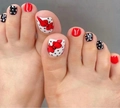 Red and black Minnie style press-on toe nails with polka dots and bow designs - 1639-Red Black Bow Polka Dot