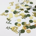 Close-up of gold MR & MRS sequins with green leaves and round paper party confetti - Leaves + Gold MR & MRS + Gold/Green/White Circles (100pcs)