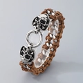 Punk braided leather bracelet with silver skull charms and twin rings connector - Double Skull Brown Style (KB42980-D)