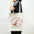 Minimalist beige canvas tote bag featuring cute cat print and shoulder strap design - Single Layer Animal - Red