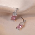 Elegant silver earrings with rectangular pink zircon and floral accents on champagne silk - Light Pink Rectangle Pendant Style (E0512)