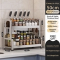 Kitchen double-layer stainless steel rack for spice jars and utensils, size 50x45x22.5cm - Double Layer 50cm + Knife Rack + Chopstick Tube + Hooks
