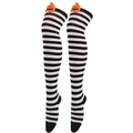 Detail view of Halloween over-knee socks with black stripes and orange pumpkin decor - White and Black Stripes (Pumpkin Decor)