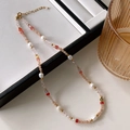Bohemian beaded necklace featuring natural stones, freshwater pearls, and golden accents - Colorful Crystal Pearl Necklace XL0168