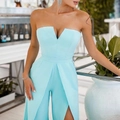 Light blue strapless jumpsuit with deep V-neck and stylish side slit for women - S / Azure