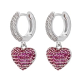 Detail of silver heart drop earrings featuring micro-pave pink gemstones and white zircons - Platinum Plated Rose Red Zirconia