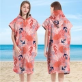 Coral pink microfiber hooded beach poncho with anchor and seahorse patterns - Sleeveless Zipper Style - Coral Seahorse