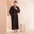 Men's dark brown thickened plush bathrobe with white piping and waist tie belt - Palm Black - Men